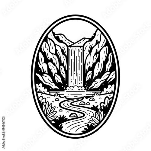 Stylized Waterfall and River Landscape Illustration.