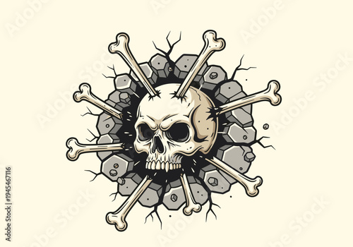 Skull and Crossbones Emblem with Cracked Stone Background.