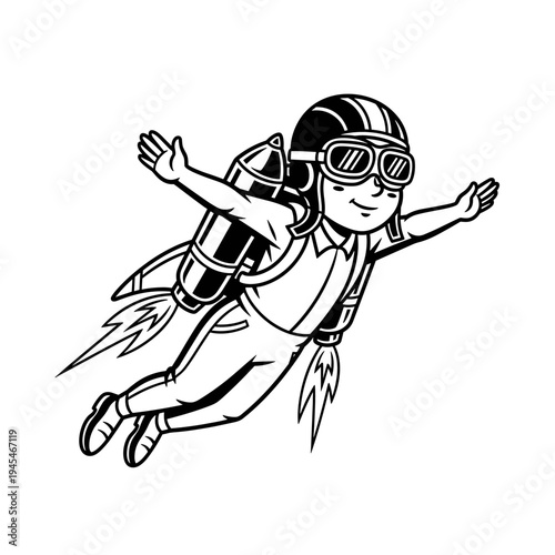 Cartoon boy flying with a jetpack and helmet.