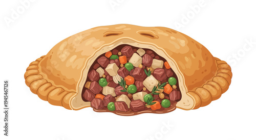 Vector illustration of a cut open savory meat pie