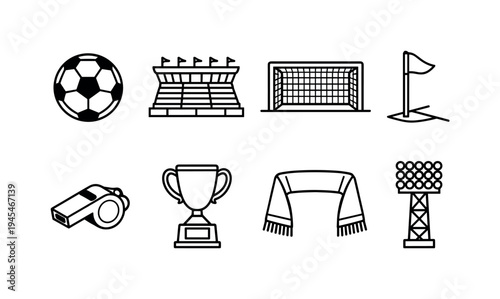 Football stadium elements: soccer ball, stadium grandstand, goal post with net, corner flag, referee whistle, trophy cup, fan scarf, stadium floodlight tower