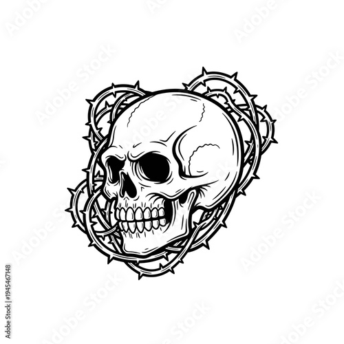 Detailed Skull Illustration Wrapped in Thorny Vines.