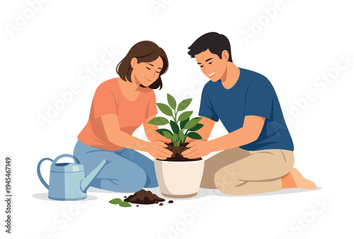 A relaxed weekend activity where a couple improves their home environment by caring for indoor plants, representing lifestyle wellbeing and connection with nature in everyday living, visual