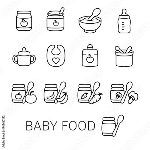 Minimalist black and white icon of baby food jar with spoon. Concept of infant nutrition, baby feeding and childcare. Suitable for apps, web design and packaging.