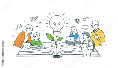 Students and teachers collaborating in a modern learning environment focused on curiosity, discovery, and shared educational progress, visual metaphor of a large open book with a light bulb