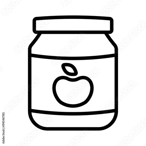 Minimalist black and white icon of baby food jar with spoon. Concept of infant nutrition, baby feeding and childcare. Suitable for apps, web design and packaging.