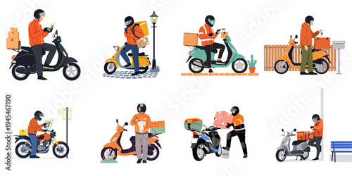 Vector illustration collection of delivery couriers on scooters performing various tasks like navigating, scanning packages, and delivering orders in a flat design style.