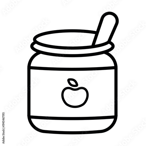 Minimalist black and white icon of baby food jar with spoon. Concept of infant nutrition, baby feeding and childcare. Suitable for apps, web design and packaging.