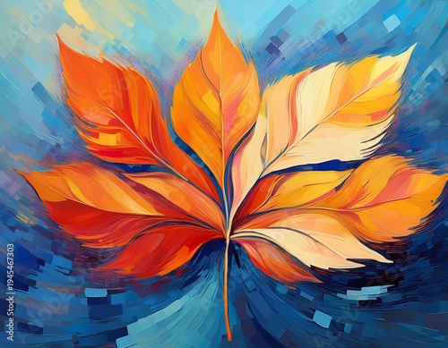 an abstract coloured leaf painting in blue orange and yellow with a light blue background in the style of pixelation colorful collage soft dreamlike brushstrokes warm color palette