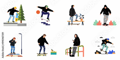Set of eight flat-style character illustrations showing a young male skateboarder in various active poses, performing tricks, and relaxing in different urban settings.