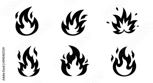 Set of Six Black Fire Icons on White Background.
