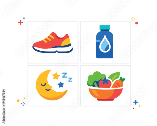 Healthy lifestyle balance supporting physical activity, rest, and mindful daily habits that improve long-term wellbeing and energy for modern professionals and families, four simple icons