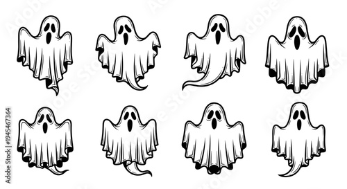 Collection of eight spooky ghost illustrations in various poses.