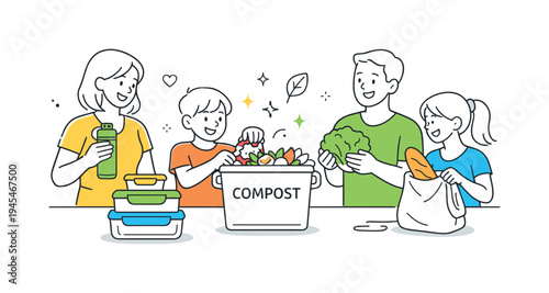 A family learning practical ways to reduce household waste and adopt environmentally responsible daily routines at home, visual metaphor of a reusable container set next to a simple compost