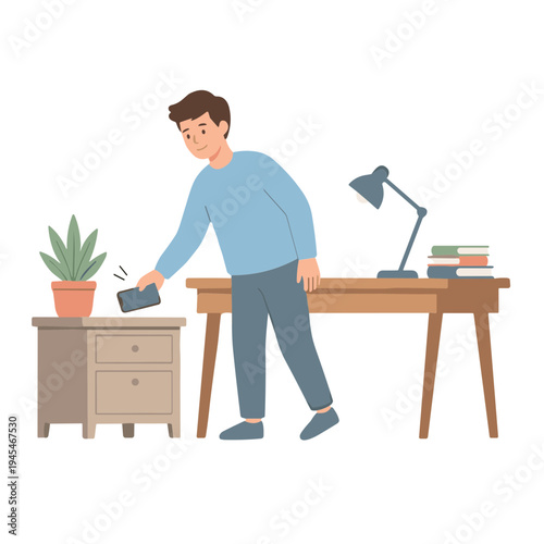 Man picks up book from nightstand next to desk with plant and lamp