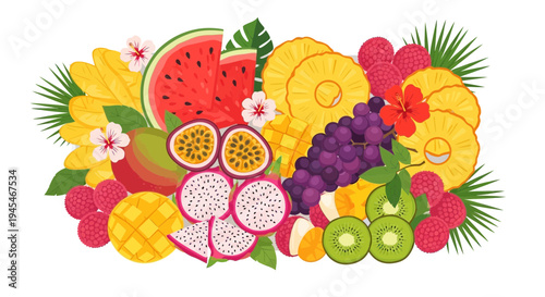 Vector tropical fruit assortment with flowers and leaves