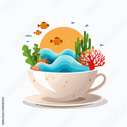 A creative concept illustration of a porcelain teacup containing a mini ocean ecosystem with blue waves, red coral, green seaweed, and jumping orange fish under a large golden sun
