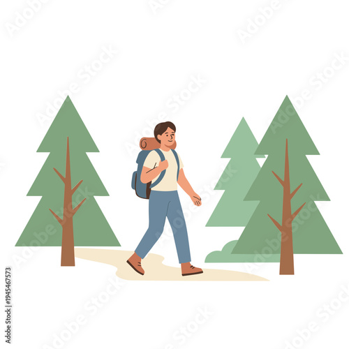 Man hiking through forest with trees and backpack on sunny day