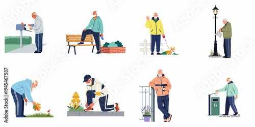Set of flat vector illustrations depicting an active elderly man engaged in various daily outdoor activities such as walking his dog and recycling.