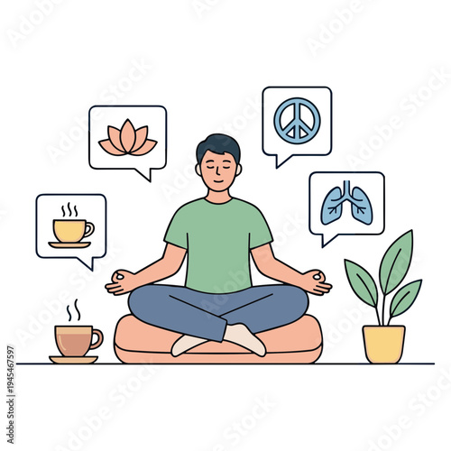 A man meditates peacefully outdoors with a cup of coffee and plants around him.