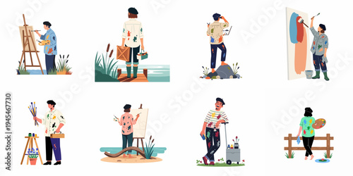 Vector illustration collection of male and female artists painting outdoors in various scenic landscapes, wearing paint-splattered clothes and berets.