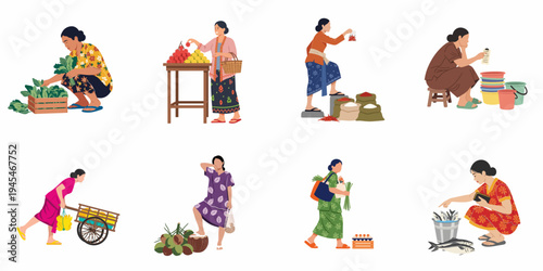 Flat vector illustrations of Southeast Asian women participating in traditional market activities, including buying and selling fresh food and household goods.