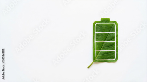 Green leaf shaped like a battery icon on white background, minimal environmental concept  