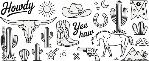 cowboy icons line art set hat boots horse lasso skull
