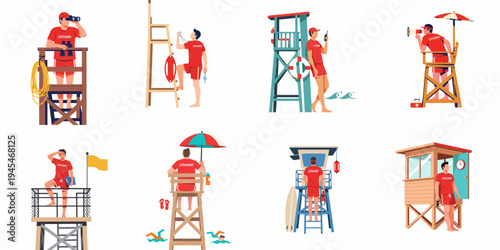 Set of professional lifeguards on duty at the beach, featuring rescuers in red uniforms on observation towers with safety equipment, flat vector illustration
