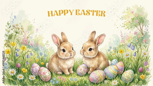 Cute Easter Bunny Watercolor With Painted Eggs And Spring Flowers, Adorable Easter Rabbits In Spring Meadow With Colorful Eggs, Vintage Style Easter Bunny Illustration With Floral Garden Eggs, Waterco