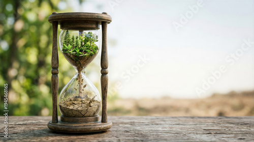 Hourglass filled with green forest slowly turning into dry soil, climate change concept  