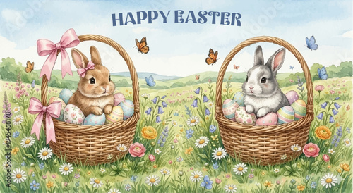Cute Easter Bunny Watercolor Illustration With Spring Flowers And Eggs, Adorable Easter Rabbits In Floral Spring Meadow With Painted Eggs, Vintage Style Easter Bunny Pair With Colorful Eggs And Wildfl