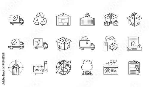 A collection of line art icons depicting various logistics and supply chain concepts
