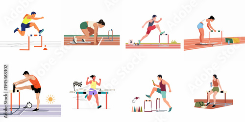 Collection of male and female athletes performing various track and field activities including hurdling, sprinting, starting blocks, stretching, and resting on a running track.
