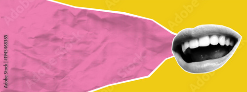 Mouth speaker paper for halftone collage background and sticker cover grunge. Pop cutout conversation for podcast music radio and talk sound element. Mouth show studio for halftone trendy media.