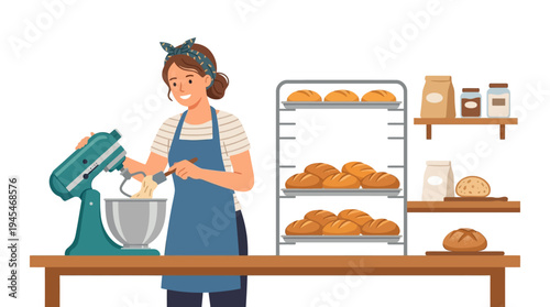 Minimal flat vector illustration of home bakery production, woman mixing dough with kitchen mixer and trays of bread 
