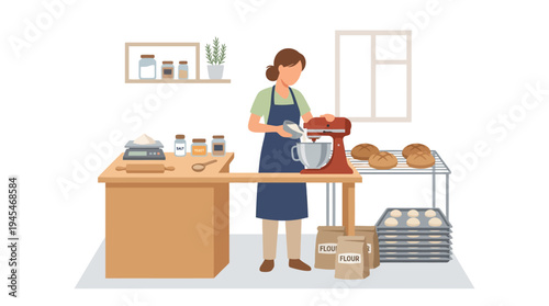 Minimal flat vector illustration of home bakery production, woman mixing dough with kitchen mixer and trays of bread 