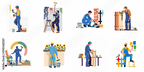 Flat vector illustration set of professional and amateur painters renovating fences, walls, and outdoor furniture with colorful paints and various tools.