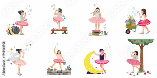 Collection of whimsical illustrations featuring a young girl in a pink tutu blowing soap bubbles in various magical and outdoor settings.