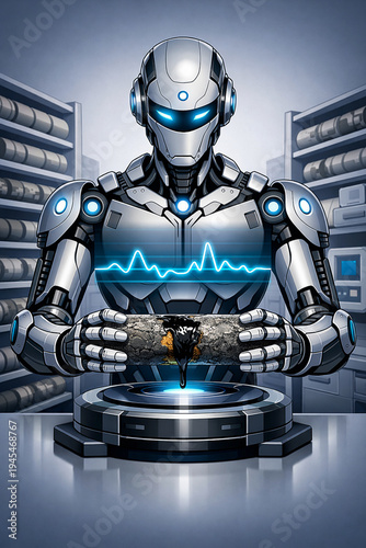 Vector Illustration of AI Robot Petroleum Geochemist studying geological rock sample containing crude oil