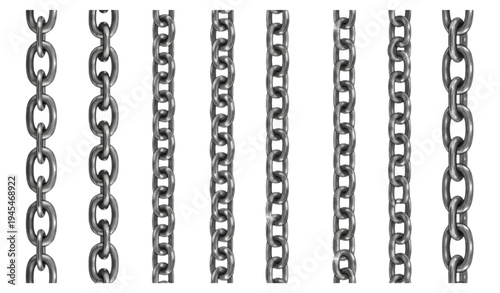 A set of eight different metal chain designs on a white background