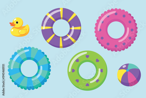 Cute summer pool floats flat vector illustration with colorful inflatable swim rings, rubber duck and beach ball, playful swimming pool elements for seasonal design