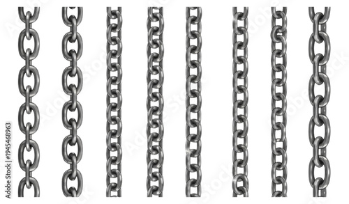 A set of various metal chain links on a white background
