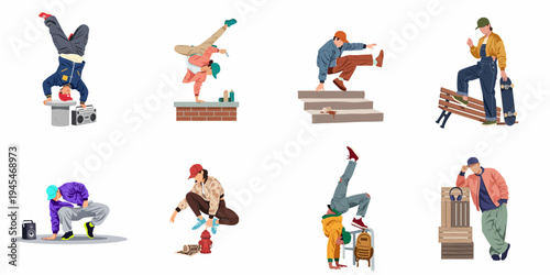Set of Flat Vector Illustrations Featuring Urban Youth Engaged in Street Culture Activities Like Breakdancing, Skateboarding, and Graffiti Art.
