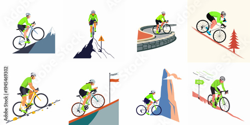 A collection of flat illustrations depicting male and female cyclists riding road bikes in various challenging mountain terrains and steep slopes.