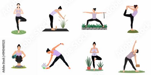 Set of flat vector illustrations of women practicing various yoga poses in nature for health, wellness, and mindfulness.