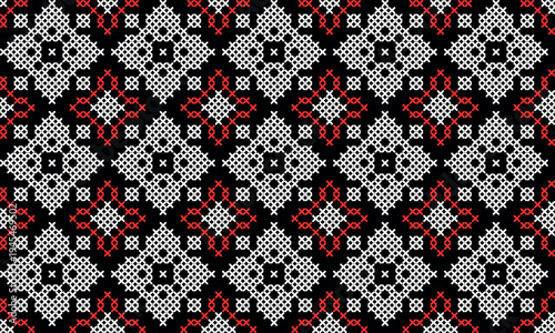Seamless Ukrainian embroidery pattern with red and black cross stitch ornament on white background. Traditional folk design inspired by vyshyvanka needlework, perfect for textile, fabric, wallpaper