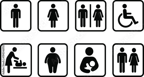 Inclusive restroom and facility icons showing male, female, unisex, accessible, baby changing, nursing, family, and diverse body type symbols