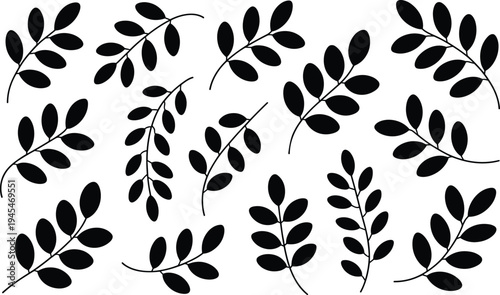 Collection of black leaf sprigs with stems on a white background illustration aaaa