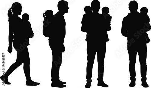 Silhouette adults carrying children in arms and baby carriers, walking and standing, showing parenting, caregiving, family love, bonding, and child safety themes